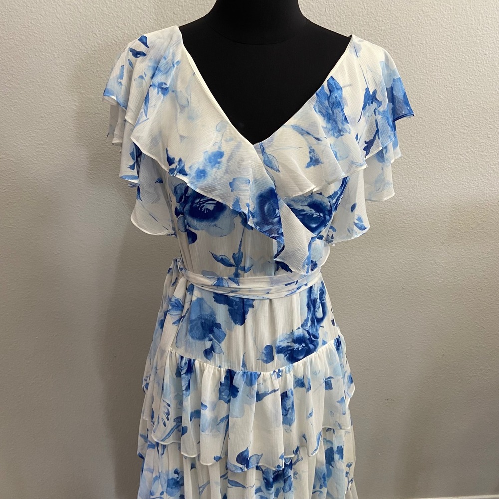 Lauren Ralph Lauren Women 0 White Blue Floral Georgette Tiered Gown New NWT $295